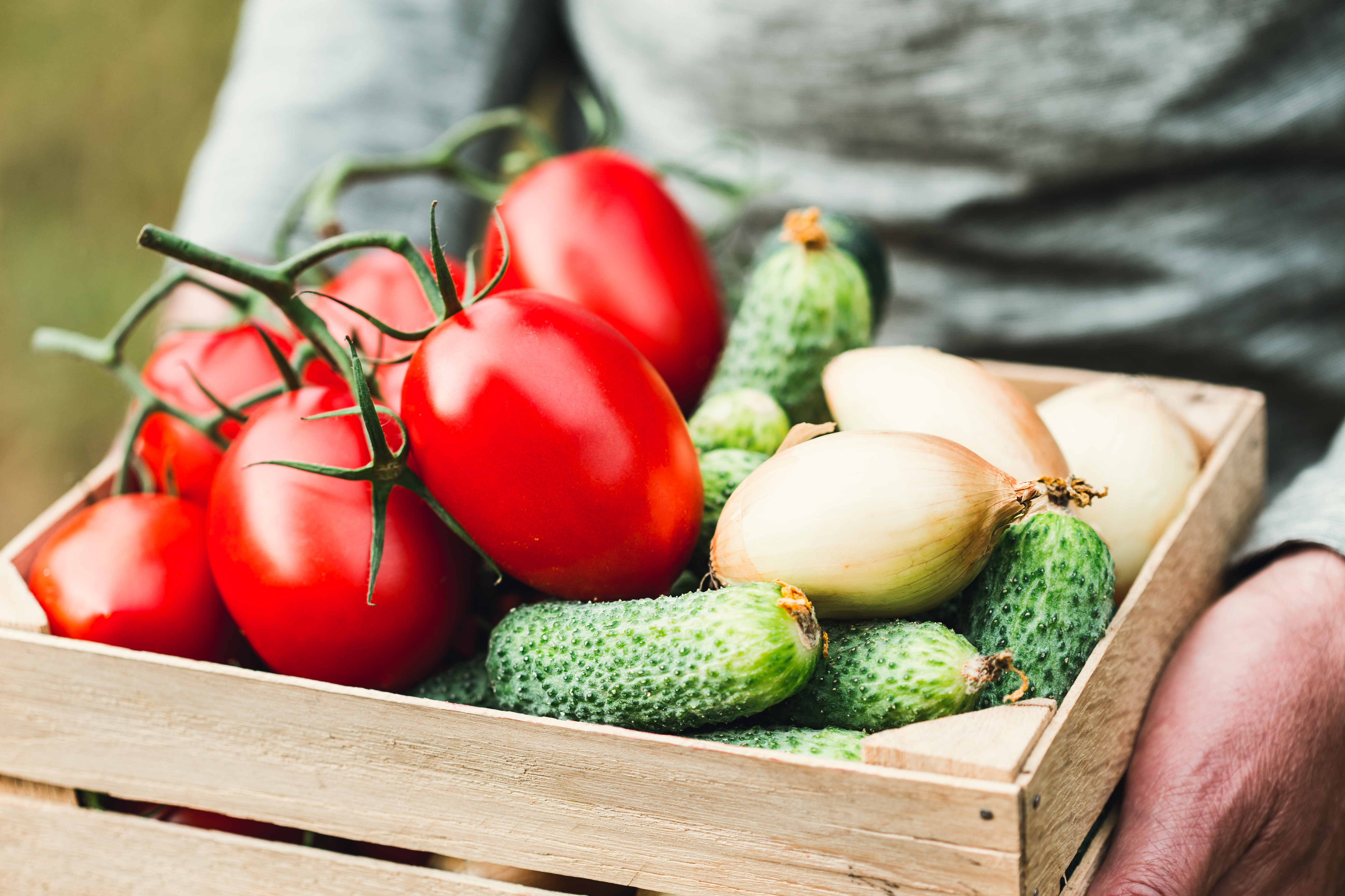 person holding a wooden crate of fruits and vegetables