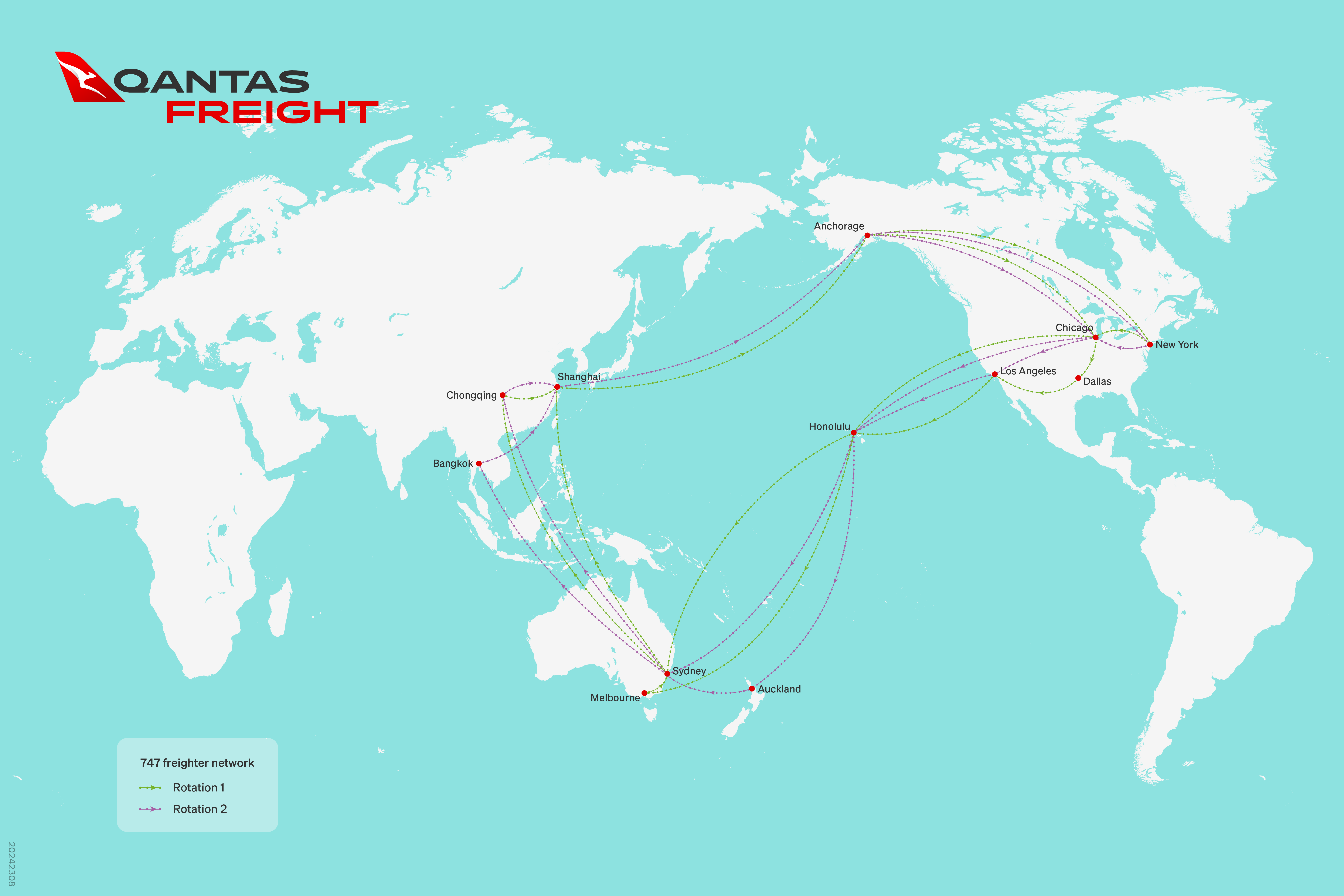 Qantas Freight 747 freighter network route map